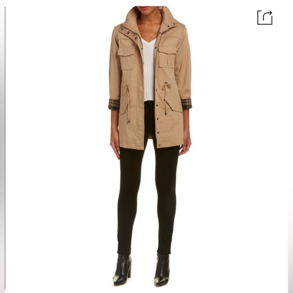 Alice + Olivia Khaki Tan Flannel Lined Full Zip Hooded Jacket Sz S Old Money